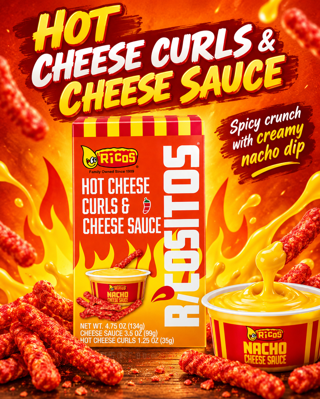 Ricos Hot Cheese Curls & Cheese Sauce – 4.75 oz