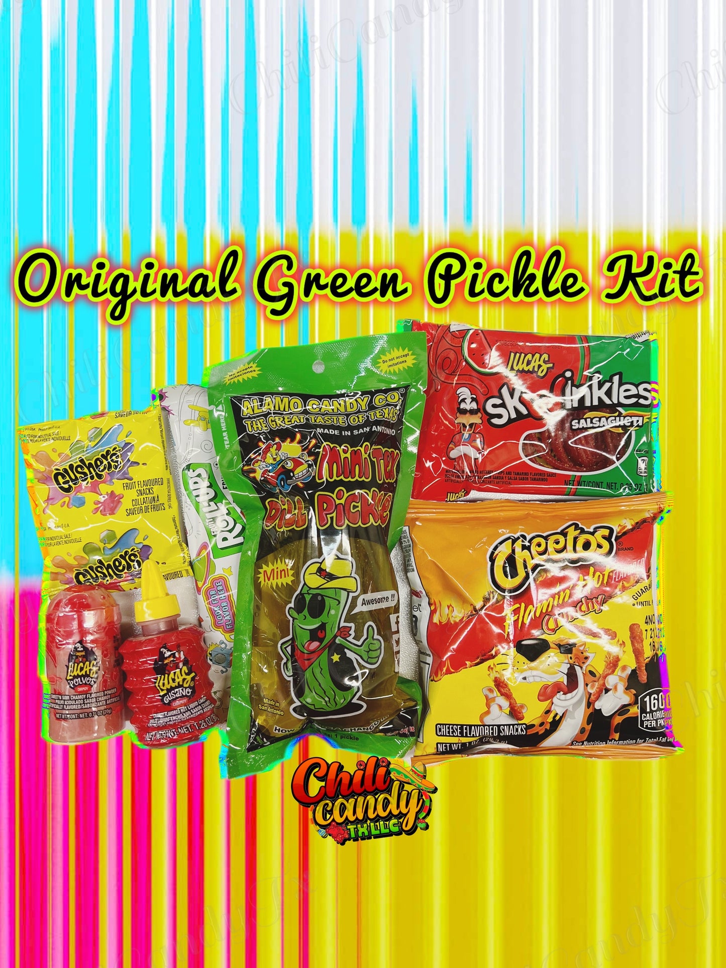 Original Green Dill Pickle Kit with Hot Cheetos, Liquid Chamoy Lucas, Powder Chamoy Lucas, Gushers, Fruit Roll Ups & Salsaghetti Skwinkles Snack Candy Kit