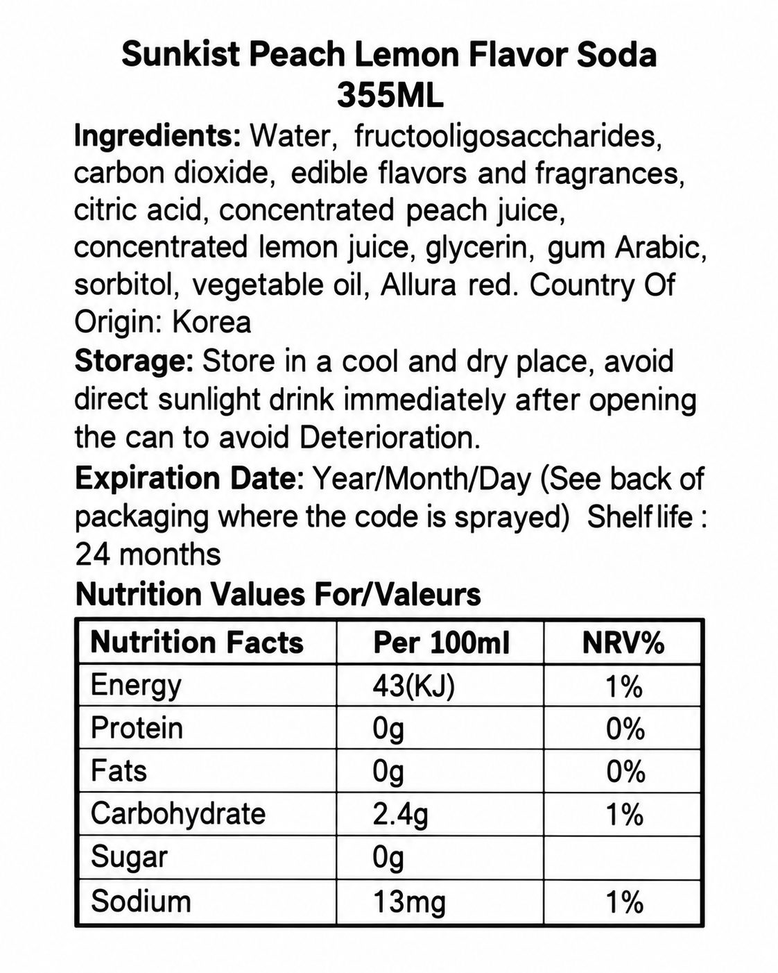 Sunkist Zero Peach & Lemon Soda – 355 mL Korean Import