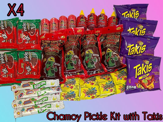 Four Family Pack Chamoy Pickle Kits with Takis, Lucas Powder, Liquid Lucas, Salsaghetti Skwinkles, Gushers and Fruit Roll Ups Snack Kit