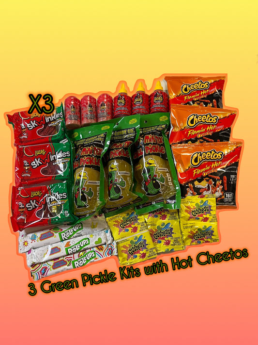 Family Three Pack Green Pickle Kits with Hot Cheetos, Lucas Powder, Liquid Lucas, Salsaghetti Skwinkles, Gushers and Fruit Rolls Ups Snacks Snack Gift