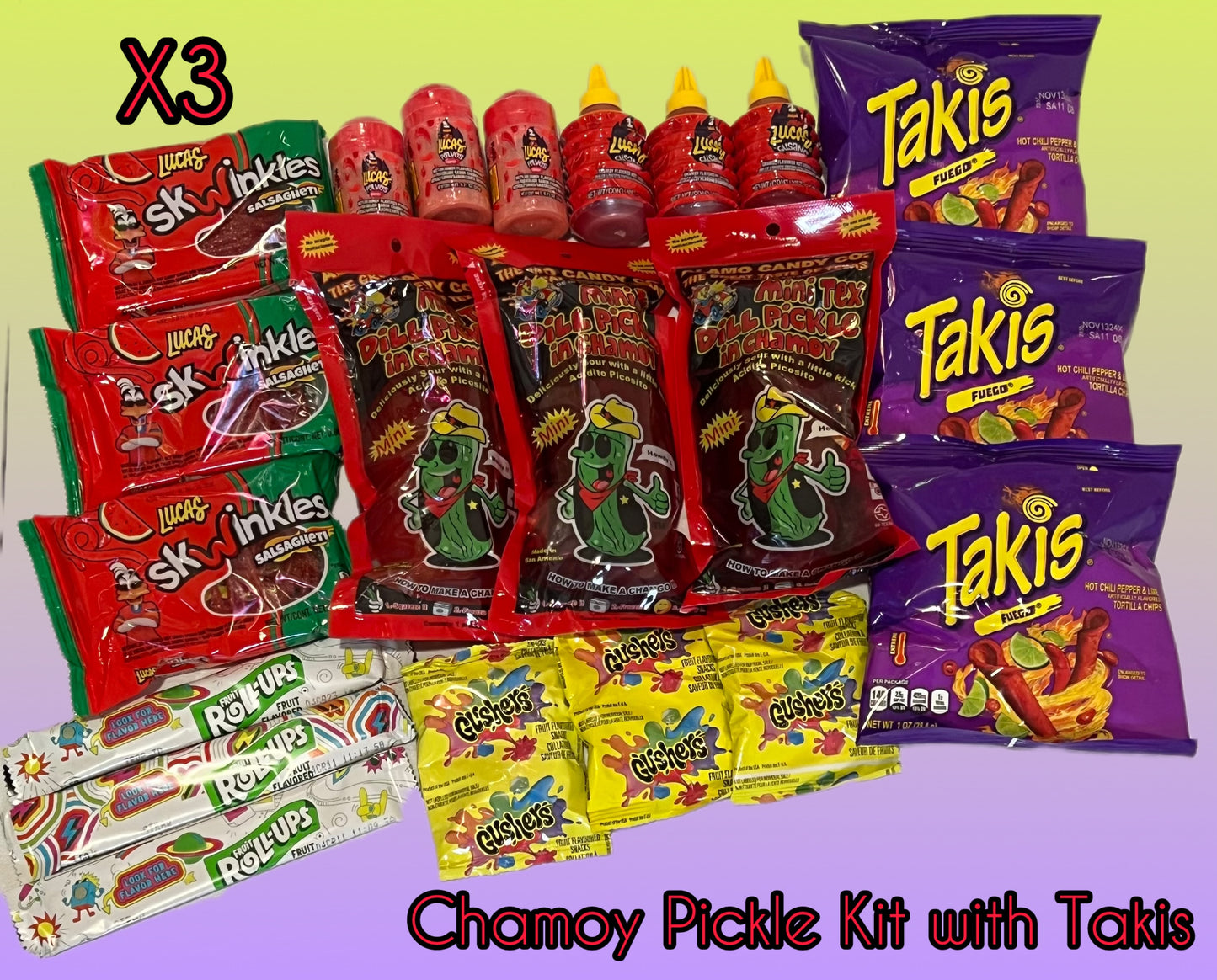 Family Three Pack Chamoy Pickle Kits with Takis, Lucas Powder, Liquid Lucas, Salsaghetti Skwinkles, Gushers and Fruit Rolls Ups Snacks Snack Gift