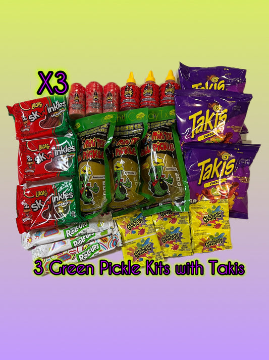 Family Three Pack Green Pickle Kits with Takis, Lucas Powder, Liquid Lucas, Salsaghetti Skwinkles, Gushers and Fruit Rolls Ups Snacks Snack Gift