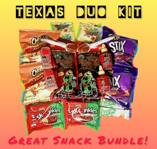 Texas Duo Chamoy Pickle Kit with 2 Takis, 2 Hot Cheetos, 2 Salsaghetti Skwinkles, 2 Fruit Roll Ups, 2 Gushers, 2 Tamarind Candy Spoons, 2 Lucas Chamoy Powders and 2 Liquid Lucas Chamoys