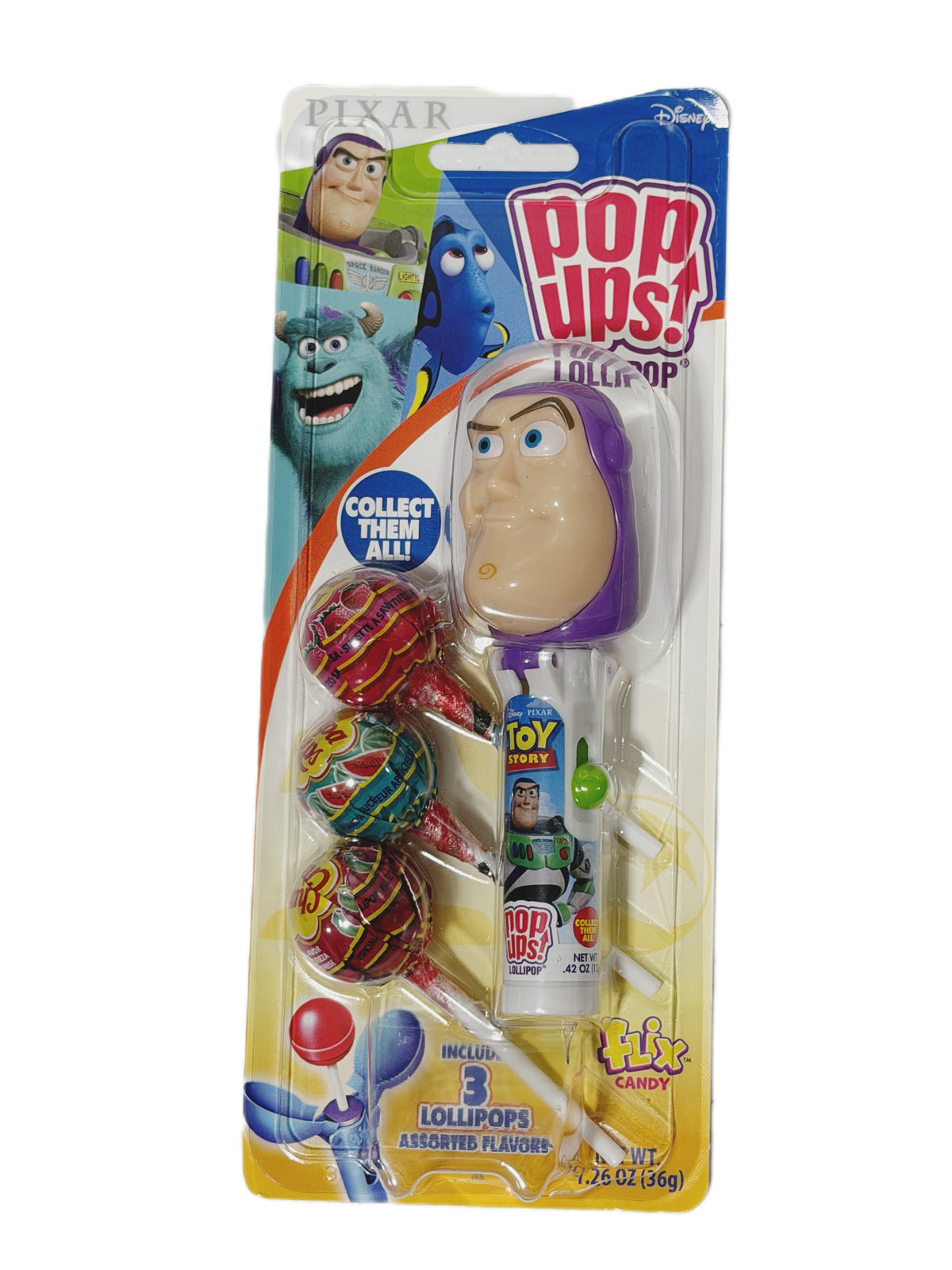 Disney Pixar Pop-Ups! Lollipop Holder + 3 Chupa Chups – Assorted Characters