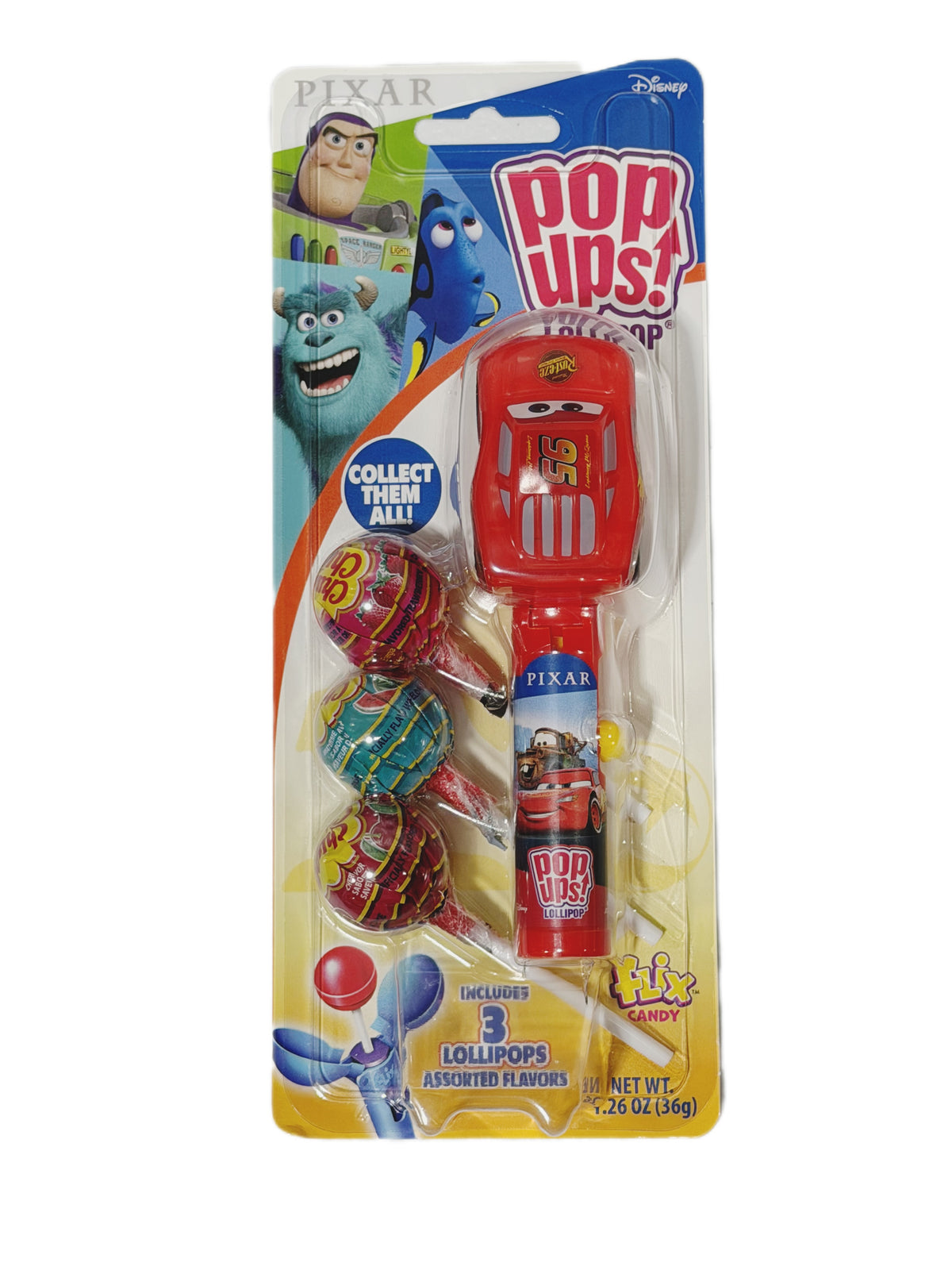 Disney Pixar Pop-Ups! Lollipop Holder + 3 Chupa Chups – Assorted Characters