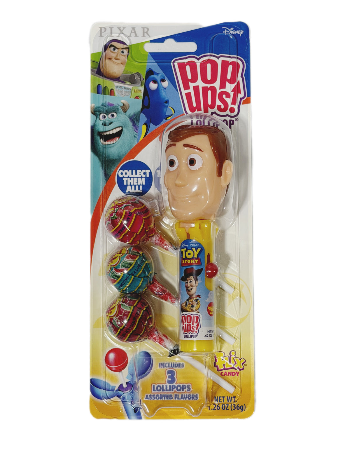 Disney Pixar Pop-Ups! Lollipop Holder + 3 Chupa Chups – Assorted Characters
