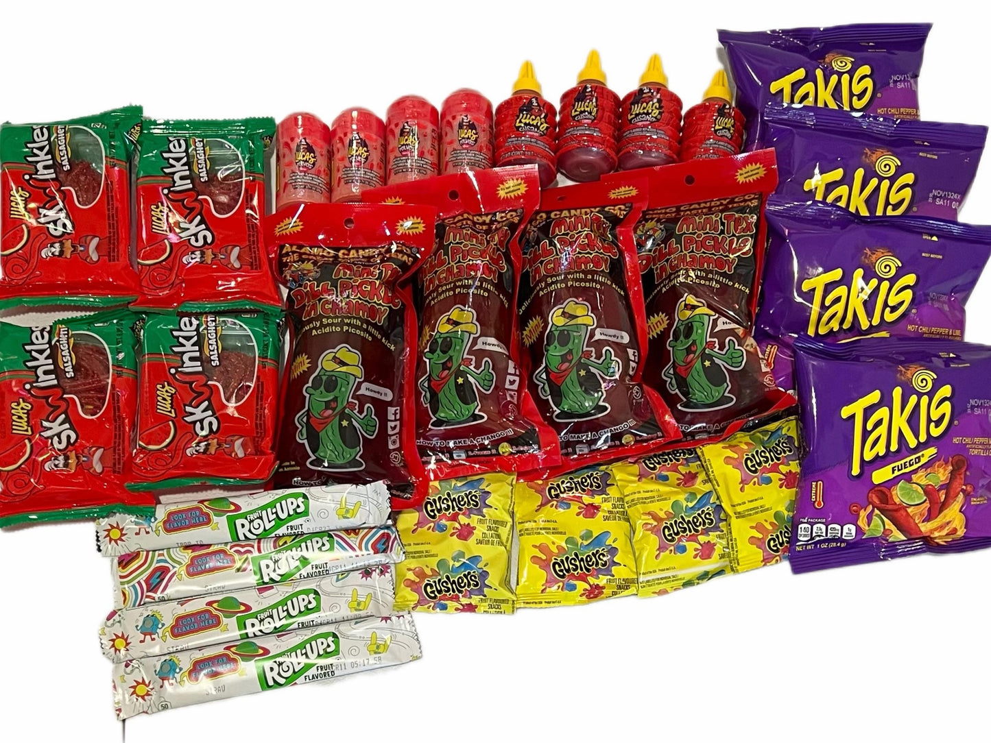 Four Family Pack Chamoy Pickle Kits with Takis, Lucas Powder, Liquid Lucas, Salsaghetti Skwinkles, Gushers and Fruit Roll Ups Snack Kit