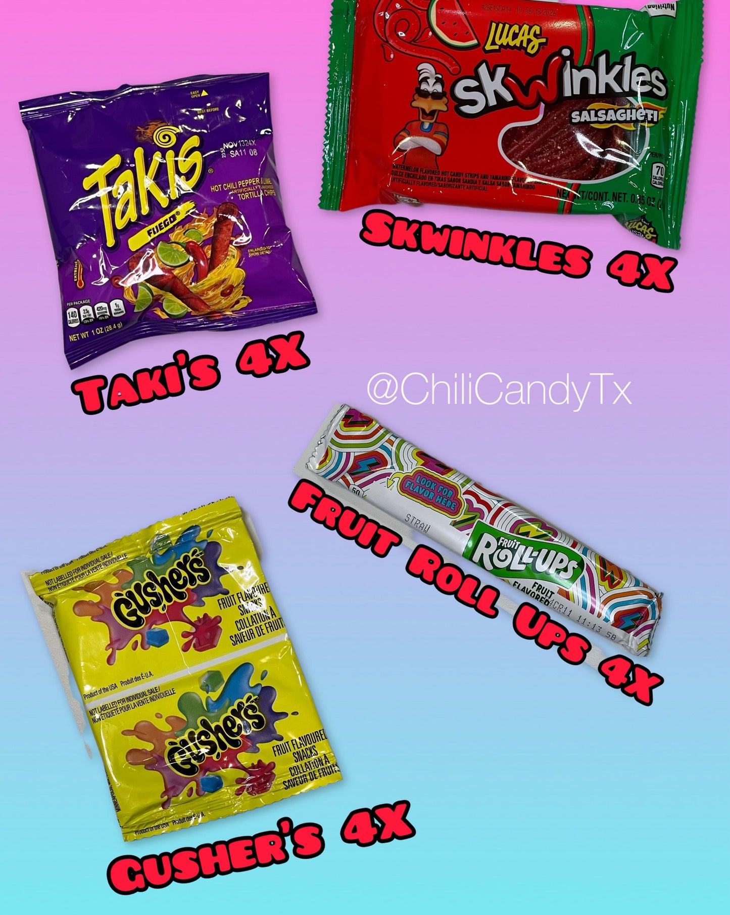 Four Family Pack Chamoy Pickle Kits with Takis, Lucas Powder, Liquid Lucas, Salsaghetti Skwinkles, Gushers and Fruit Roll Ups Snack Kit