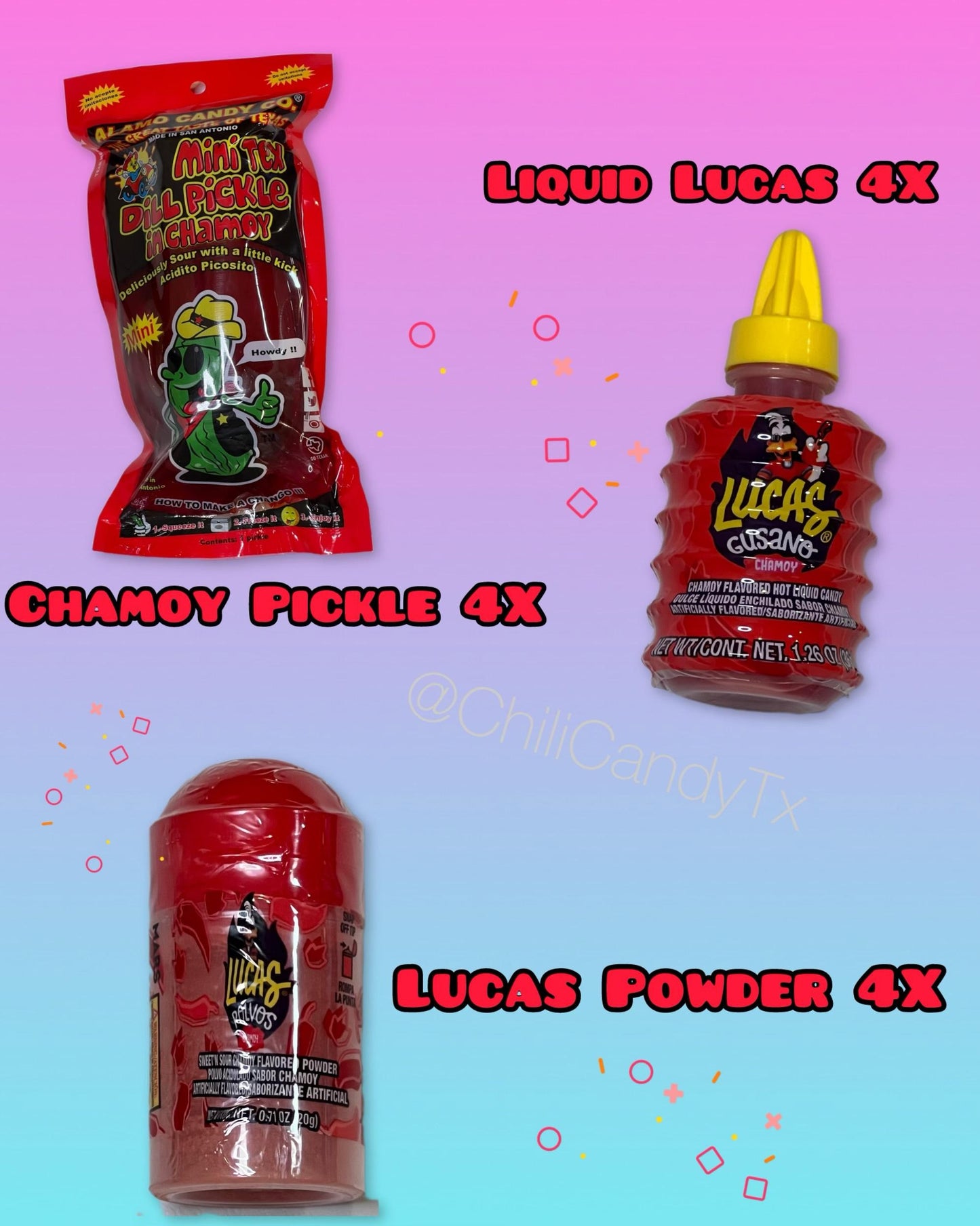 Four Family Pack Chamoy Pickle Kits with Takis, Lucas Powder, Liquid Lucas, Salsaghetti Skwinkles, Gushers and Fruit Roll Ups Snack Kit