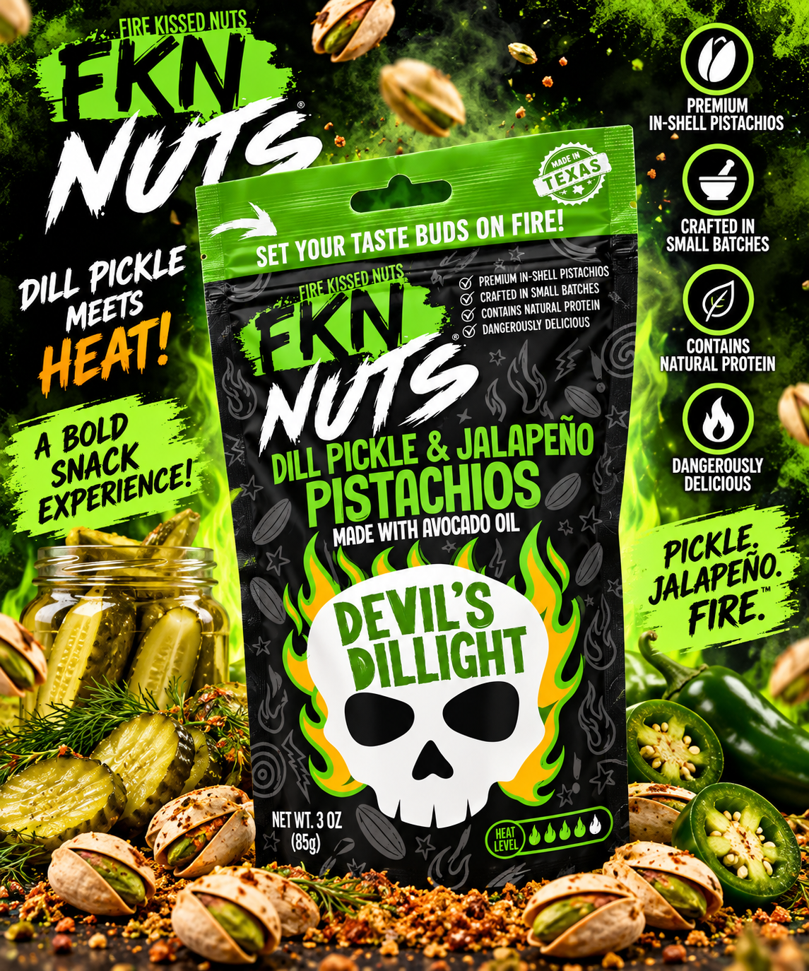 FKN Nuts Devil’s Dillight Dill Pickle & Jalapeño Pistachios