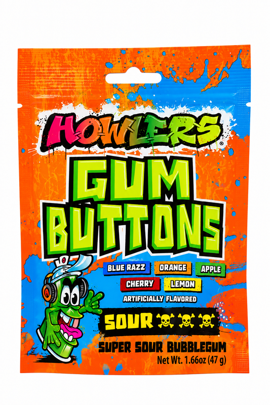 Howlers Sour Gum Buttons – Assorted Fruit 1.66 oz