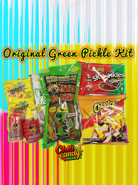 Original Green Dill Pickle Kit with Hot Cheetos, Liquid Chamoy Lucas, Powder Chamoy Lucas, Gushers, Fruit Roll Ups & Salsaghetti Skwinkles Snack Candy Kit