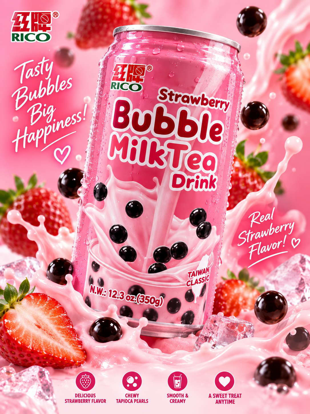 Rico Strawberry Bubble Milk Tea Drink – 12.3 oz